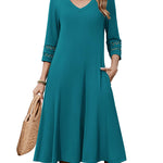 Casual V-Neck A Line Flowy Eyelet Midi Dress (US Only)