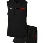 KZZ Two-Piece Set Men's Letter Print Hooded Vest & Drawstring Waist Shorts Set