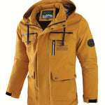 KZZ Men's letter-printed button pocket zipper hooded waterproof jacket