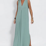Geometric Color Block Dress Regular Fit Sleeveless Tank Dress Split Neck Print Long Dress