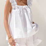 Casual Washed Cotton Ruffled Square Neck Top and Shorts Set