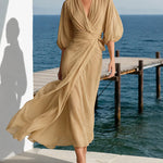 Flowy Layered Lantern Sleeves Midi Dress
