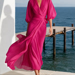 Flowy Layered Lantern Sleeves Midi Dress