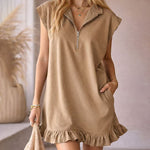 Cute Casual Double Pocket Ruffle Hem Sleeveless Dress