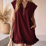 Cute Casual Double Pocket Ruffle Hem Sleeveless Dress