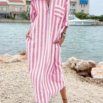 Classic Casual Stripe Shirt Dress with Pockets