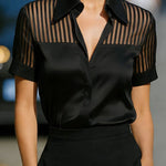 Satin Patchwork Sheer Striped Short Sleeve Blouse