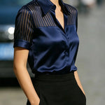 Satin Patchwork Sheer Striped Short Sleeve Blouse