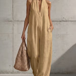 Casual Halter V-Neck Wide Leg Loose Overalls with Pockets