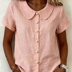 Casual Cotton Blend Short Sleeve Peter Pan Collar Blouse