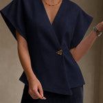 Minimalism Textured Short Sleeve V-neck Blouse