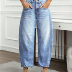 Casual Wide-Leg Washed Cotton-Blend Barrel Jeans