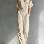 Cold Shoulder Wrap V Neck Wide Leg Jumpsuit