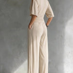 Cold Shoulder Wrap V Neck Wide Leg Jumpsuit