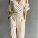 Cold Shoulder Wrap V Neck Wide Leg Jumpsuit