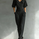 Cold Shoulder Wrap V Neck Wide Leg Jumpsuit