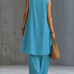 Casual Sleeveless V-Neck Draped Top And Wide Leg Pants Set