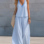 Casual Plaid Sleeveless Top and Wide-Leg Pants Set