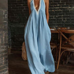 Boho Halter Deep V Wide Leg Lace Trim Jumpsuit