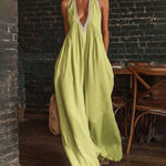 Boho Halter Deep V Wide Leg Lace Trim Jumpsuit