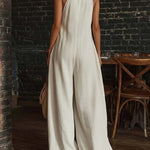 Boho Halter Deep V Wide Leg Lace Trim Jumpsuit