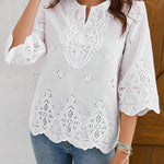 Bohemian Eyelet Embroidery Cotton Blend 3/4 Sleeve Top