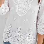 Bohemian Eyelet Embroidery Cotton Blend 3/4 Sleeve Top