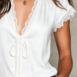 Alluring Lace-trimmed V-neck Satin Blouse