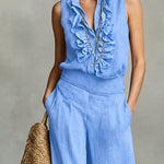 Urban Casual Ruffled Neckline Sleeveless Top Pants Set