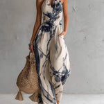 Retro Elegant Ink Wash Print Halter Neck Jumpsuit