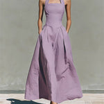 Retro French Style Halter Neck Cotton Linen Dress