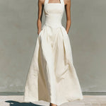 Retro French Style Halter Neck Cotton Linen Dress