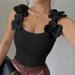 Elegant Sleeveless 3D Floral Ribbed Knit Tank Top