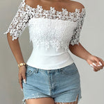 Floral Lace Spliced Off-Shoulder Fitted Top