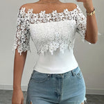 Floral Lace Spliced Off-Shoulder Fitted Top