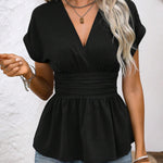 Chic Deep V-neck Short Sleeves Ruffled Hem Blouse