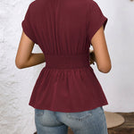 Chic Deep V-neck Short Sleeves Ruffled Hem Blouse
