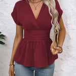 Chic Deep V-neck Short Sleeves Ruffled Hem Blouse