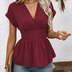 Chic Deep V-neck Short Sleeves Ruffled Hem Blouse