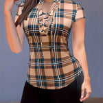 Classic Plaid Lace-Up Short Sleeve Blouse