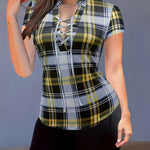 Classic Plaid Lace-Up Short Sleeve Blouse