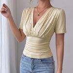 Elegant Fitted Pearl Decor V-Neck Blouse