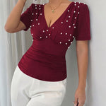 Elegant Fitted Pearl Decor V-Neck Blouse