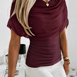 Elegant Ruched Cowl Neck Mesh Drape Top