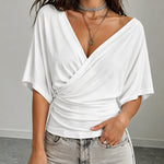 Elegant Cross V-neck Half Sleeves Pleated Knit Blouse
