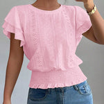 Cute Eyelet Embroidery Ruffle Sleeve Cotton Blend Blouse