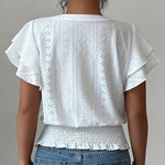 Cute Eyelet Embroidery Ruffle Sleeve Cotton Blend Blouse