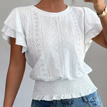 Cute Eyelet Embroidery Ruffle Sleeve Cotton Blend Blouse