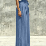 Flowing Wide Leg High Waist Pants with 3D Flower Drawstring