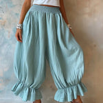 Casual Smocked Waist Wide Leg Ruffle Hem Balloon Pants